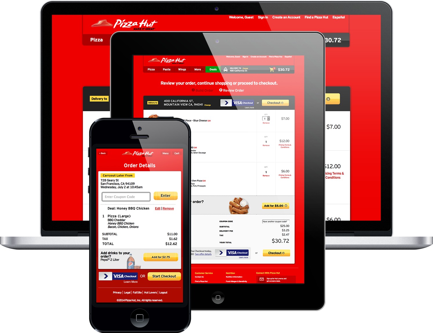 A smart phone, tablet, and laptop displaying a Visa Checkout option on the Pizza Hut website.