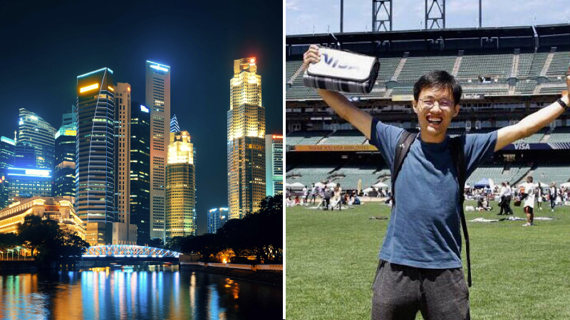 An exuberant Visa intern, smiles in celebration while standing in a stadium.